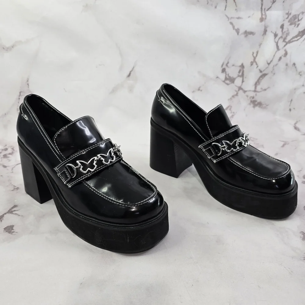 Delias Dolls Kill Loafer Women 10 Black Patent There She Platform Butterfly Shoe - Picture 4 of 11